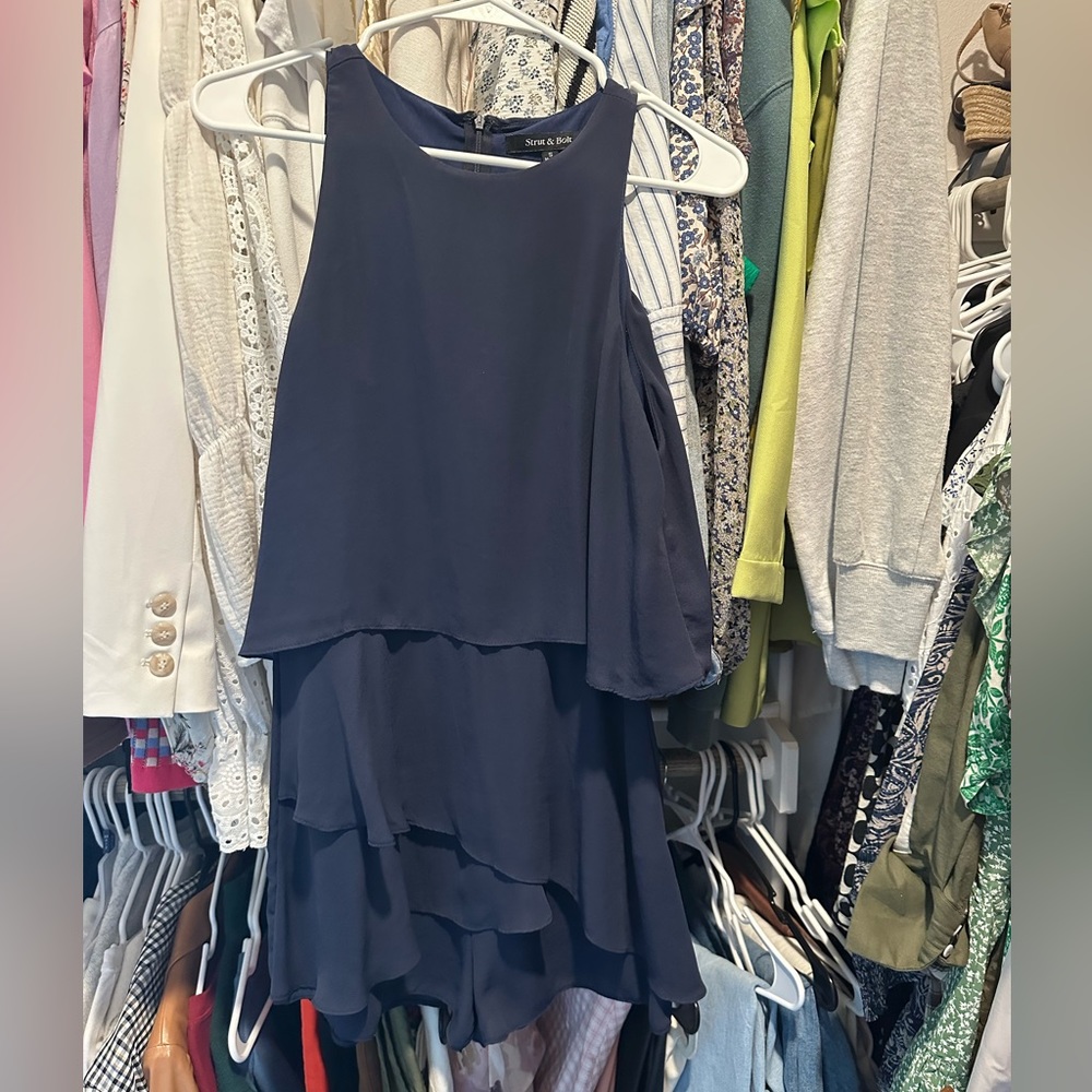 Boutique Navy Blue Romper With Ruffle Details